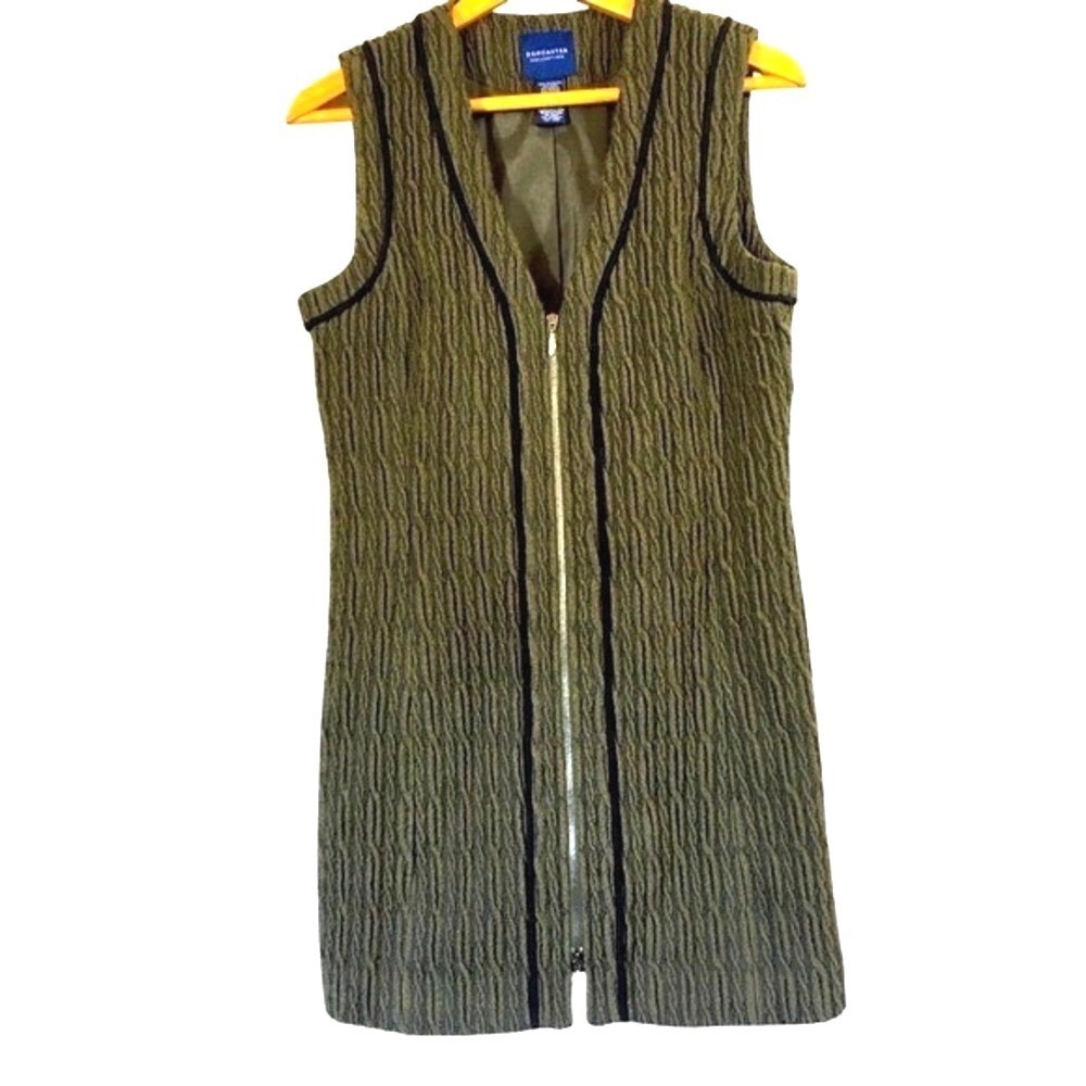 Doncaster‎ Collection Textured Wool Blend Zip Front Longline Vest 6 Olive Green